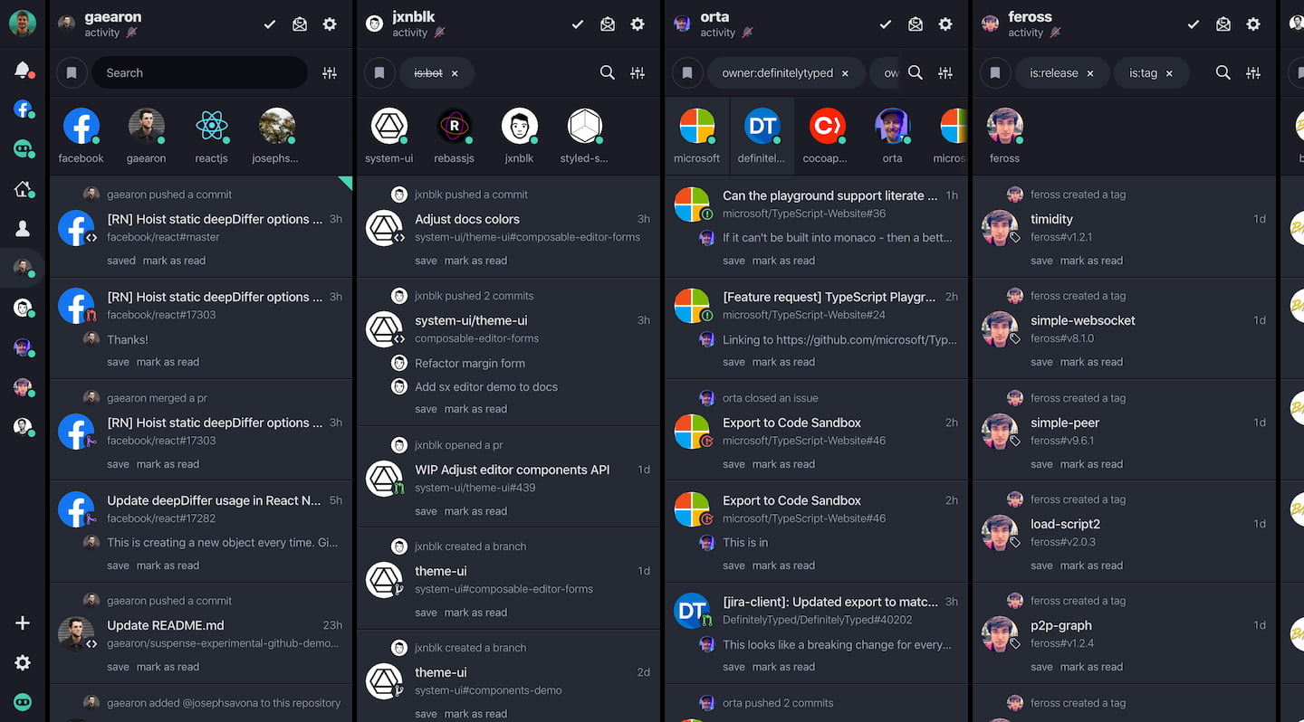 DevHub - 4 columns with user activities