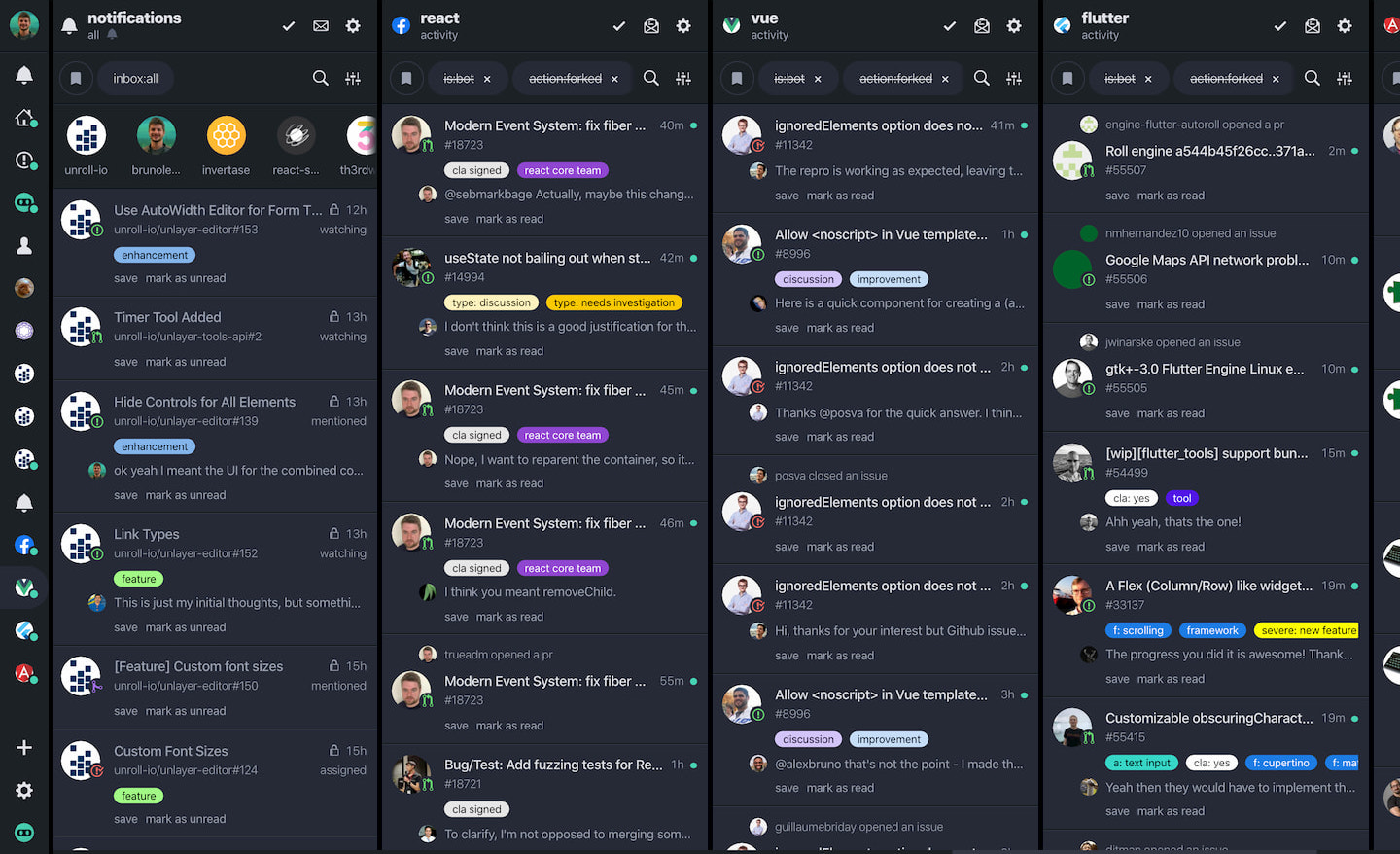 DevHub Screenshot with 4 columns: Notifications, Facebook activity, TailwindCSS activity and Filters